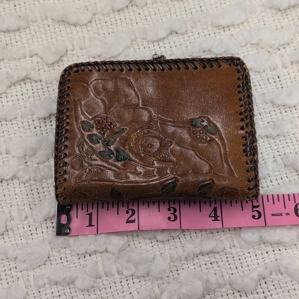 Vintage Leather Tooled Coin Purse 60s Retro Artisan Craft Handmade Wallet